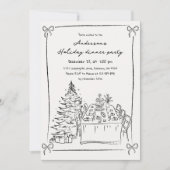 ブラック&ホワイトハンドドロークリスマスホリデーパーティー 招待状 (正面)