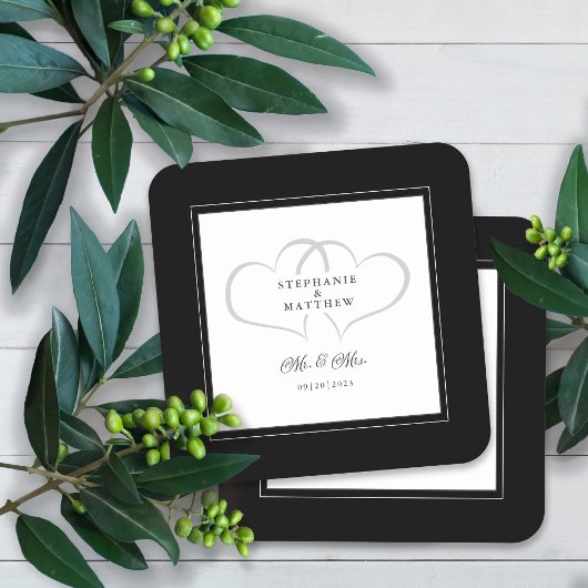 ブラック&ホワイトハートズエレガントシ結婚ック スクエアペーパーコースター