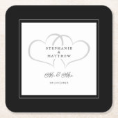 ブラック&ホワイトハートズエレガントシ結婚ック スクエアペーパーコースター (正面)