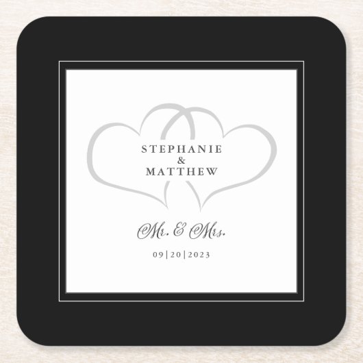 ブラック&ホワイトハートズエレガントシ結婚ック スクエアペーパーコースター (正面)