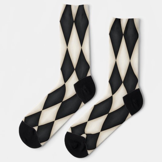 ブラック&ホワイトハーレクインダイヤモンドチェックパターンおもしろい ソックス (左)