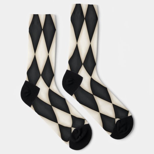 ブラック&ホワイトハーレクインダイヤモンドチェックパターンおもしろい ソックス (右)