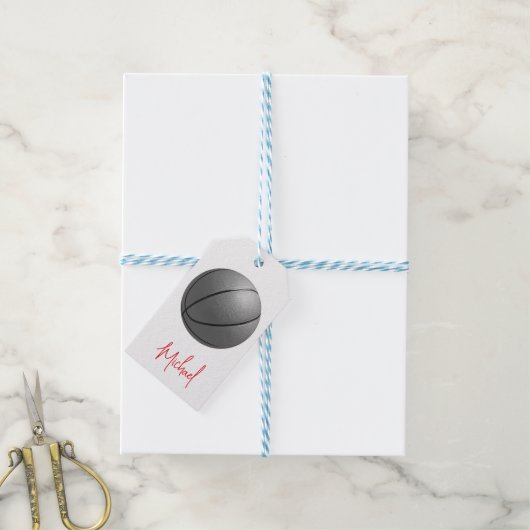 ブラック&ホワイトバスケットボールズお名前カスタム ギフトタグ (より糸付き)