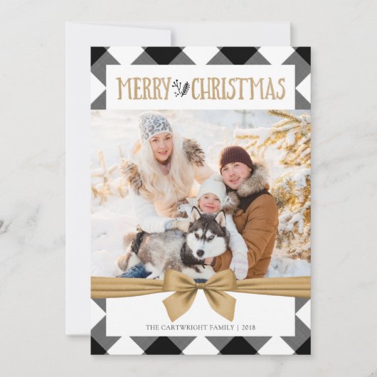 ブラック&ホワイトバッファローチェックのメリークリスマス シーズンカード (正面)
