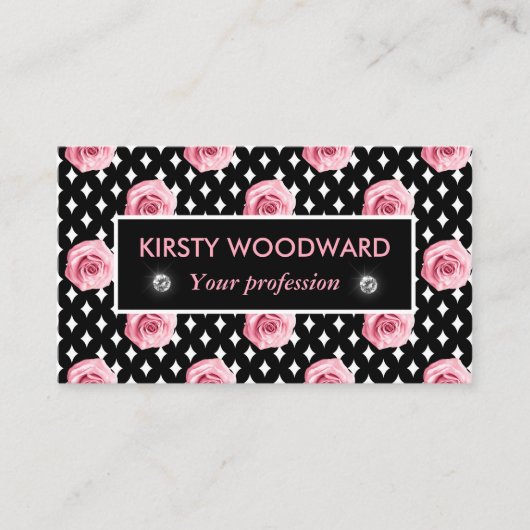 ブラック&ホワイトバラパターンのライトピンク 名刺 (正面)