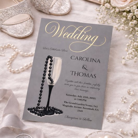 ブラック&ホワイトパールシャンパンガラス結婚ズ 箔招待状