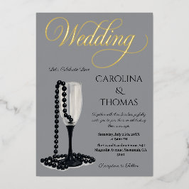 ブラック&ホワイトパールシャンパンガラス結婚ズ 箔招待状