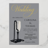 ブラック&ホワイトパールシャンパンガラス結婚ズ 箔招待状 (正面)