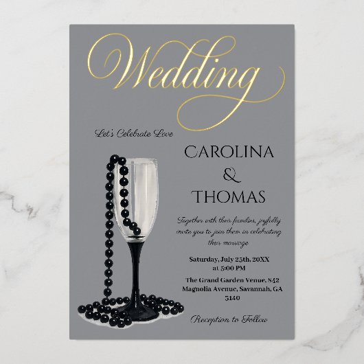 ブラック&ホワイトパールシャンパンガラス結婚ズ 箔招待状 (正面)