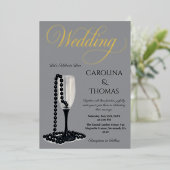 ブラック&ホワイトパールシャンパンガラス結婚ズ 箔招待状 (立ち正面)