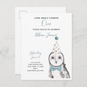 ブラック&ホワイトフクロウ1stバースデーボーイパーティー インビテーションポストカード (正面/裏面)