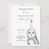 ブラック&ホワイトフクロウ1stバースデーボーイパーティー 招待状 (正面)