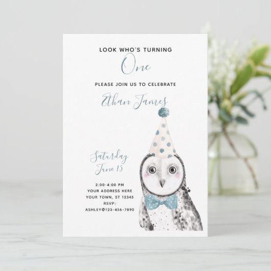 ブラック&ホワイトフクロウ1stバースデーボーイパーティー 招待状 (スタンド正面)