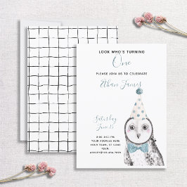 ブラック&ホワイトフクロウ1stバースデーボーイパーティー 招待状