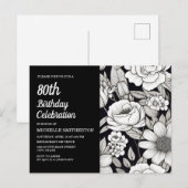 ブラック&ホワイトフラワー 80歳の誕生日 インビテーションポストカード (正面/裏面)