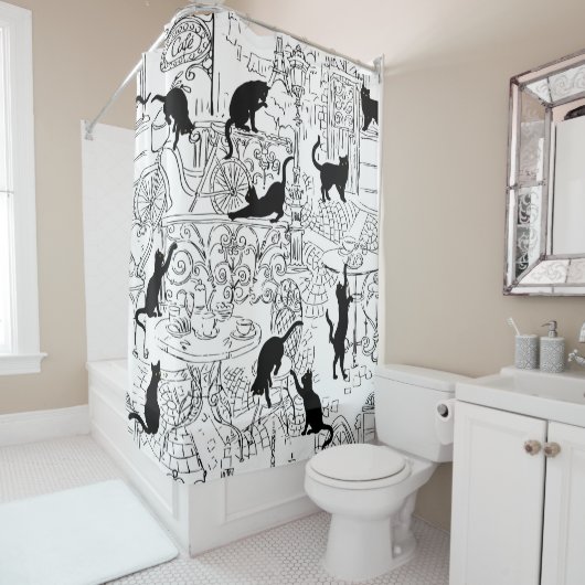 ブラック&ホワイトフランスのキャットパリカフェ シャワーカーテン (インサイチュ)