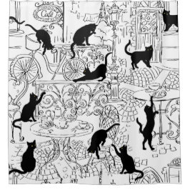 ブラック&ホワイトフランスのキャットパリカフェ シャワーカーテン