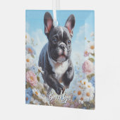 ブラック&ホワイトフランスのブルドッグ&フラワー ガラスオーナメント (正面左)