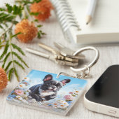 ブラック&ホワイトフランスのブルドッグ&フラワー キーホルダー (正面右)