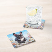 ブラック&ホワイトフランスのブルドッグ&フラワー スクエアペーパーコースター (インサイチュ)