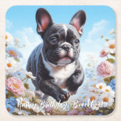 ブラック&ホワイトフランスのブルドッグ&フラワー スクエアペーパーコースター (正面)