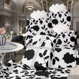ブラック&ホワイトフローラつる植物エレガントな結婚式パーティー ラッピングペーパー