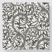 ブラック&ホワイトフローラダマスクマーブルコースター