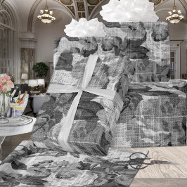 ブラック&ホワイトフローラトイルボタニカルデクページ ラッピングペーパー