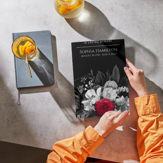 ブラック&ホワイトフローラポップ・アートのとレッド葬儀 プログラム