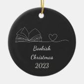 ブラック&ホワイトブックラバーラインアート、ダーク セラミックオーナメント (正面)