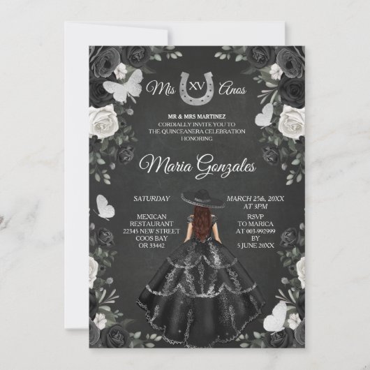 ブラック&ホワイトプリンセスキンセアニェラ誕生日 招待状 (正面)