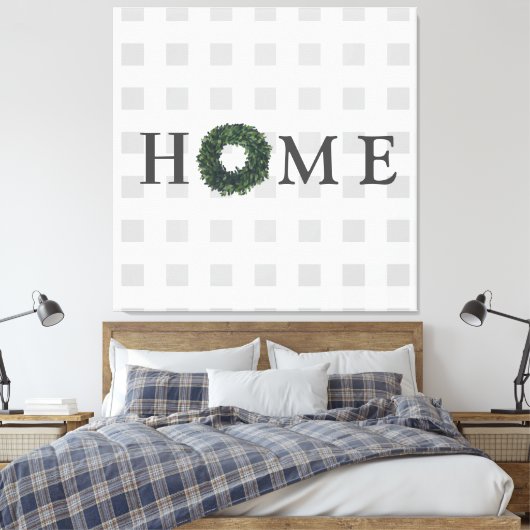 ブラック&ホワイトプレイドタイポグラフィファームハウスデコール キャンバスプリント (インサイチュ (寝室))