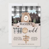 ブラック&ホワイトプレイドワイルドベア2歳の誕生日 招待状 (正面)