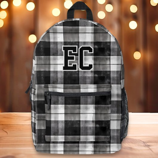 ブラック&ホワイトプレイド名門私立校風のカスタムモノグラム プリントバックパック