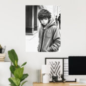 ブラック&ホワイトペンシルスケッチボーイAI生成アート ポスター (ホームオフィス)