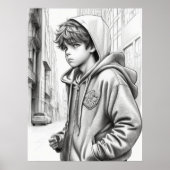 ブラック&ホワイトペンシルスケッチボーイAI生成アート ポスター (正面)