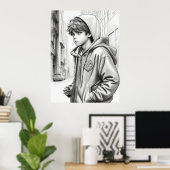 ブラック&ホワイトペンシルスケッチボーイAI生成アート ポスター (ホームオフィス)