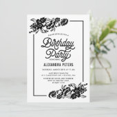 ブラック&ホワイトモダンフローラアクセント誕生日パーティー 招待状 (スタンド正面)