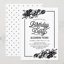 ブラック&ホワイトモダンフローラアクセント誕生日パーティー 招待状