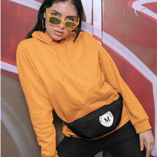 ブラック&ホワイトモノグラム名前をカスタムするウエストクロスボディ ファニーパック