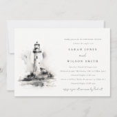 ブラック&ホワイトライトハウススケッチリハーサルディナー 招待状 (正面)