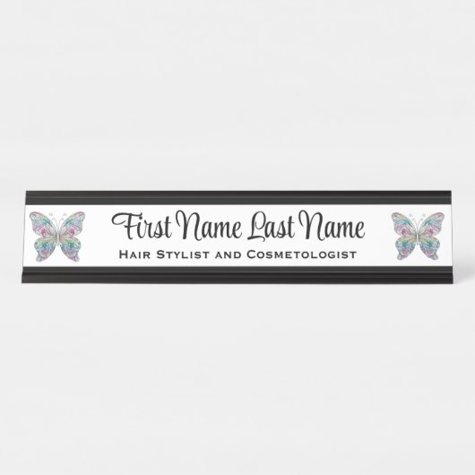 ブラック&ホワイトレインボーバタフライステーションネームプレート デスクネームプレート (正面)