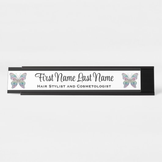 ブラック&ホワイトレインボーバタフライステーションネームプレート デスクネームプレート (正面)