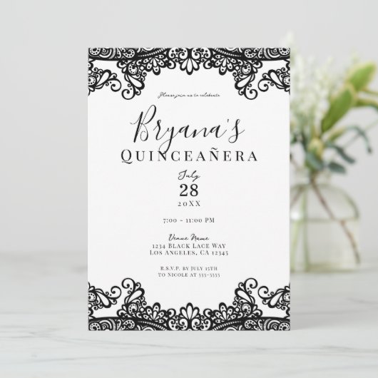 ブラック&ホワイトレースキンセエレガントニェラパーティー 招待状 (スタンド正面)