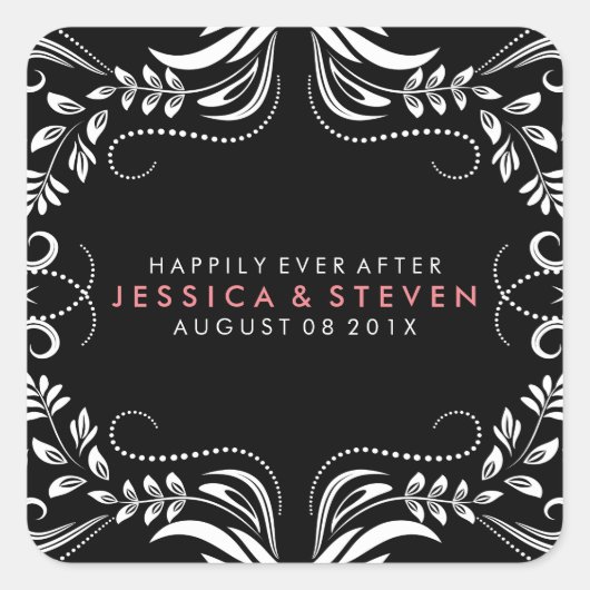 ブラック&ホワイトレース結婚のステッカー スクエアシール (正面)