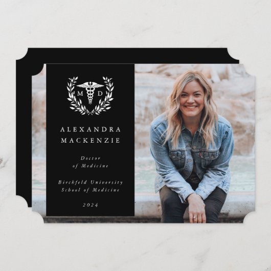 ブラック+ホワイトローレルリースメディカル学位フォト 案内状 (正面/裏面)