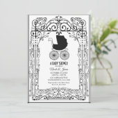 ブラック&ホワイトヴィンテージキャリッジデコベビーシャワー 招待状 (スタンド正面)