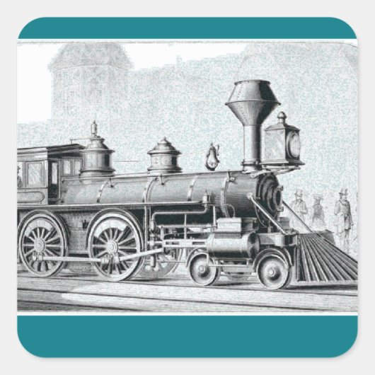 ブラック&ホワイトヴィンテージスチームトレインイラストレーション スクエアシール (正面)