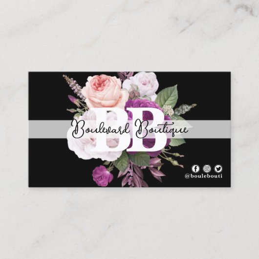 ブラック&ホワイトヴィンテージフローラシックブティックQRコード 名刺 (正面)