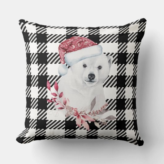 ブラック/ホワイト市松模様にクリスマス極熊の枕 クッション (正面)